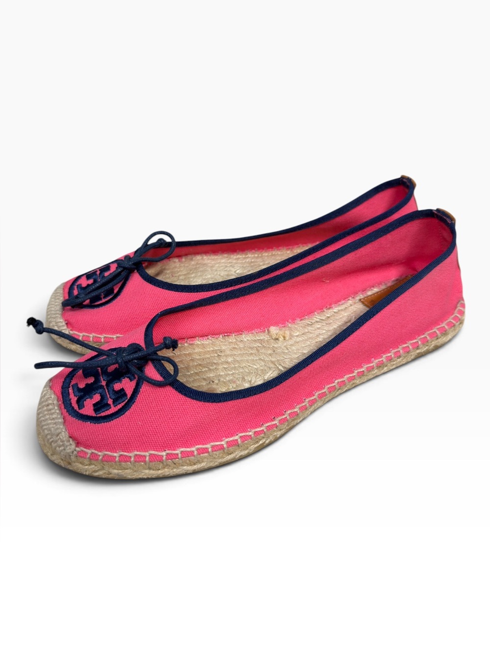 Tory Burch Pink Navy Logo Canvas Ballet Espadrille Flats Bow Womens Size US 9